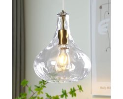 Transparante glazen hanglamp met gouden metalen accenten - Moderne kroonluchter voor keuken, slaapkamer en woonkamer - Ø 24 cm