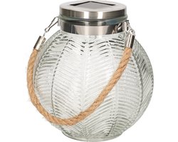 Transparante solar lantaarn van gestreept glas rond 16 cm - Tuinlantaarns - Solarverlichting - Tuinverlichting