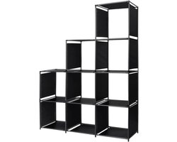 Trapvormig rek - Stoffen opberger - Decoratief opbergen - Negen open vakken - 130 x 45 x 170 cm - Zwart
