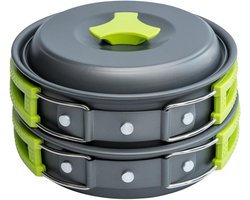 Travelhawk Camping kookgerei set - Pannenset - Aluminium - 8 delig - Camping Pannenset - Inclusief Spons, Spatel, Lepel, Kommen en Handige Draagtas