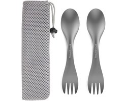 Travelhawk Spork - Campingbestek van titanium - Vork en lepel in één - Bestek voor onderweg en op reis - Lichtgewicht - 2 Stuks - Inclusief Draagzak