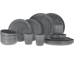 Travellife Palma Camping Serviesset dark grey 16-delig - met anti-slip - Keramiek look - Stevig en krasbestendig melamine