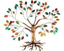 Tree of Life Metal Wall Art Sculptuur - Metalen Wanddecoratie met Kleurrijke Bladeren en Kolibries voor Badkamer - Woonkamer - Slaapkamer - Studie - Veranda of Tuin (55x66cm)