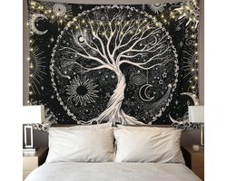 Tree of Life Wandtapijten - Maan en Zon - Zwarte Wanddecoratie - Psychedelische Mandala - Sterrenhemel Tapestry - Hippie Wandkunst Decor voor Slaapkamer (175x230cm)