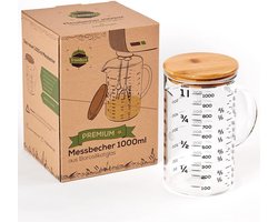 TreeBox Premium glazen maatbeker 1L – hittebestendig borosilicaatglas met bamboedeksel, geschikt voor microgolf, ideaal voor bakken, koken en mixen