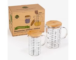 TreeBox Premium glazen maatbekers 2-delig 1L & 500ml – hittebestendig borosilicaatglas met bamboedeksel, geschikt voor microgolf, ideaal voor bakken en mixen