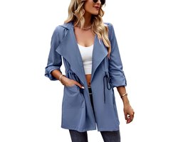 Trenchcoat voor Dames in Blauw, Reverskraag, Knoopsluiting, Losvallend, Herfst en Winter, Trendy Stijlvol.