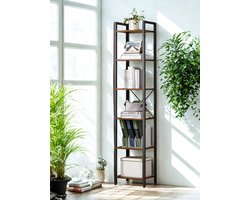 Trendique - Boekenkast - Boekenrek 6 planken - Wandrek - Wandkast Industrieel - Open Kast - Zwart Staal - Hout - 40x30x187,5cm