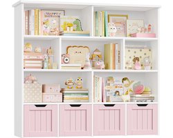 Trendique - Boekenkast - Kinderboekenkast - Boekenrek kinderkamer - 4 lades met wielen - 7 vakken - Wit/Roze - 125,5 x 33 x 118 cm