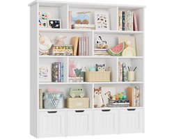 Trendique - Boekenkast - Opbergkast - Organizer - Boekenrek - Vakkenkast - Speelgoedkast - 11 planken, 4 lades - 125,5x33x146 cm - Wit