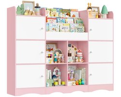 Trendique - Boekenkast - Opbergkast - Organizer - Boekenrek - Vakkenkast - Speelgoedkast - 6 vakken, 6 deuren - 140x30x106 cm - Roze