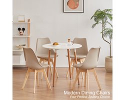 Trendique - Eetkamerstoelen - Set van 4 - Kuipstoelen - Gewatteerd - Scandinavisch design - Houten poten - Beige - 47x48x82 cm