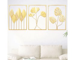 Trendique - Gouden wanddecoratie - Schilderij - Muurschildering - 3-delig - Bloemen - Bladeren - Metaal - Woonkamer - Slaapkamer - 3D effect - 60 x 40 x 1 cm