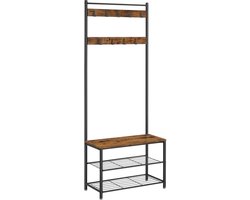 Trendique - Kapstok staand - Met schoenenrek - Kapstokken - Garderoberek - Met bank - Industrieel - 9 haken - 70x32x177cm