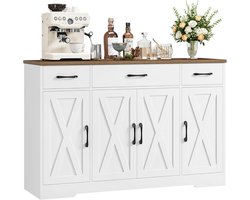Trendique - Keukenkast - Dressoir - Opbergkast - Buffetkast - 3 lades - 4 deuren - Verstelbare planken - 140x38,6x81cm - Wit/bruin