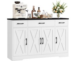 Trendique - Keukenkast - Dressoir - Opbergkast - Buffetkast - 3 lades - 4 deuren - Verstelbare planken - 140x38,6x81cm - Wit/zwart
