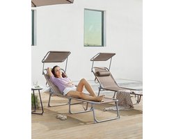 Trendique - Ligbed - Ligstoel - Ligstoel tuin - Zonnebed opvouwbaar - Verstelbaar - Met zonnescherm - 193x53x29 cm - Taupe