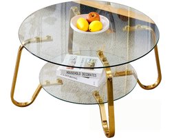 Trendique - Salontafel - Salontafel rond - Bijzettafel - Woonkamer - Koffietafel - Glas met gouden metalen frame - 80x80x45 cm