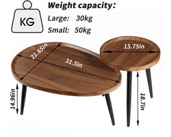Trendique - salontafel - salontafel rond - bijzettafels - ovaal - rond - set van 2 - hout - metalen poten - Chocolade kleur