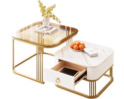 Trendique - Salontafel - Salontafel vierkant - Bijzettafel - Woonkamer - Koffietafel - Marmer&Glas - 60x60x42,5 cm - Goud/Wit