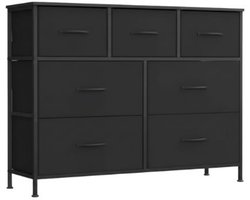 Trendique - Zwarte Commode – Stoffen Opbergkast Met 7 Laden, Staal En Mdf, Slaapkamercommode, Ladekast Voor De Slaapkamer, Dressoir, Dressoirkast