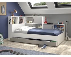 Trendmeubel- Bed met opbergruimte en lade - 90 x 200 cm - Kleuren: wit en grijs - L 221 cm x H 104 cm x D 120 cm