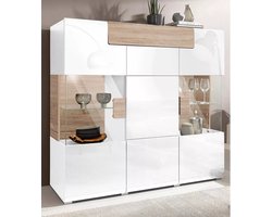 Trendmeubel - Highboard Dama - Breedte 147,4 cm - Matwit/hoogglans-wit / Sanremo-eikenkleur