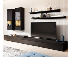 Trendmeubel- Tv-Meubel Set, zwart hoogglans met zwart mat - Tv-kast van 270cm en 5 deuren