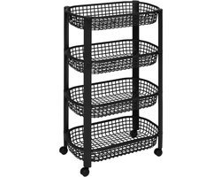 Trendoz Keuken/badkamer trolley 4 laags - L46 x B25 x H79 cm - zwart - kunststof - met wielen - opberg mandjes/bakjes