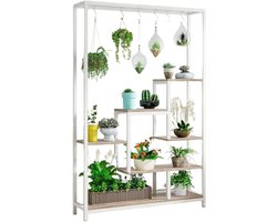 TrendWave 5-Laags Hoge Plantenstandaard – 180 cm Metalen Plantenrek met 10 Ophanghaken – Witte & Grijze Kamerplantenstandaard