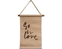 Trendy linnen canvas doek met koord - Beige / Zwart  - 22 x 43.5 cm - So in love - Landelijk - Scandinavisch - schilderij