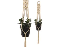 Trendy plantenhanger naturel touw met houten ring 95 cm | 100% katoen en handmade | Voor binnen en buiten | Planthouder, bloempothouder, hangplant