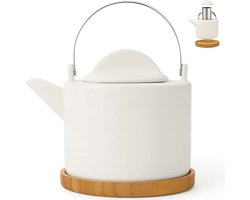 Trendy Porseleinen Theepot 1200 ml – Met Uitneembare RVS Theezeef & Bamboe Onderzetter – Voor Losse Thee – Mat Wit