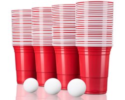 TRESKO 100 Beer Pong Bekers met 6 ballen Herbruikbaar | Partybekers 473ml - 16oz | Bierpong, Red Cups Extra Sterk | Plastic Bekers Rood
