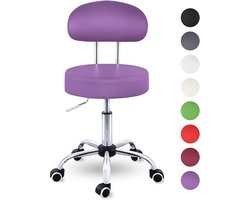 TRESKO® Rolkruk met leuning lila| Werkkruk in hoogte verstelbaar 47-60 cm | Draaikruk met wieltjes | Bureaustoel kruk draaistoel visagiekruk