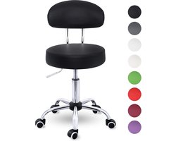 TRESKO® Rolkruk met leuning zwart | Werkkruk in hoogte verstelbaar 47-60 cm | Draaikruk met wieltjes | bureaustoel kruk draaistoel visagiekruk