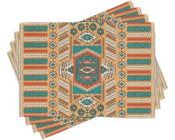 Tribal Placemat Set - Bohemian Tafelkleed - Eettafel Decoratie - Wasbaar Stof Ontwerp - Langwerpig Formaat - Oranje en Teal
