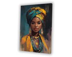 Tribal vrouwelijk portret kunst - Portret schilderij op canvas - Afrikaanse vrouw - Muurdecoratie - Realistische kunst - Vintage schilderij - Woonkamer decoratie - Canvas 75x100 cm