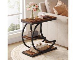 Tribesigns Bijzettafel - Industriële Bijzettafel met 3 Niveaus en Opbergruimte - Sidetable - Salontafel met Halvemaanvormig Metalen Frame voor Woonkamer, Slaapkamer - 60×30×60 cm - Bruin