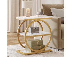 Tribesigns Bijzettafel - Schmaler Bijzettafel met 3 Niveaus en Opbergruimte - Sidetable - industrieel design met metalen gebogen frame voor Woonkamer, Slaapkamer - 60×30×65 cm - Wit