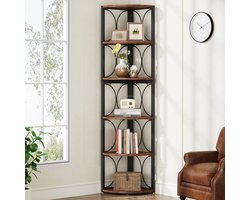TRIBESIGNS Boekenkast - Boekenrek - Hoekkast - Hoekmeubel - 6 Legplanken - 32x32x170cm - Zwart/ Vintage Bruin