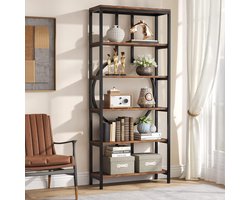 TRIBESIGNS - Boekenkast - Boekenrek met 5 Planken - Industrieel Vintage - Geometrisch Ontwerp - Bruin/Zwart - 70 x 30 x 180 cm