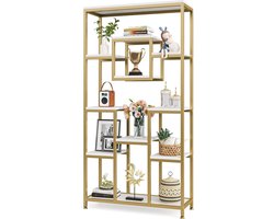 TRIBESIGNS Boekenkast - Boekenrek - Modern - 11 Lagen - Hout/Metaal - 90 x 35 x 180cm - Goud & Wit