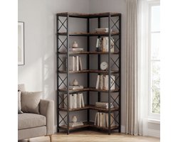 Tribesigns Boekenkast - Hoek Boekenkast met 7 Planken - Industrieel Grote Hoekplank - Spaanplaat - 60 x 60 x 200 cm - Bruin/Zwart