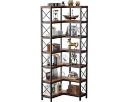 TRIBESIGNS - Boekenkast - Hoek boekenkast met 7 Planken - Industrieel Grote Hoekplank - Spaanplaat - Bruin/Zwart - 60 x 60 x 200 cm