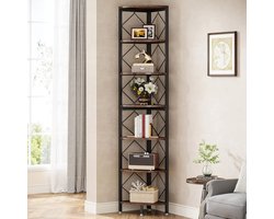 TRIBESIGNS Boekenkast - Hoekplank met 7 planken - Voor woonkamer, slaapkamer - 35 x 35 x 200 cm - Industrieel ontwerp - Vintage Bruin