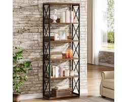 Tribesigns - Boekenkast met 6 Planken - Boekenkast Industrieel - Open Opbergplanken voor Woonkamer, Slaapkamer, Thuiskantoor - 60x30x178cm - Bruin en Zwart
