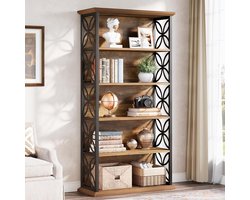 Tribesigns - Boekenkast met 6 Planken - Industriële Boekenkast met Metalen Frame - Open Opbergplanken voor Woonkamer, Slaapkamer, Thuiskantoor - 80x32x180cm - Bruin en Zwart