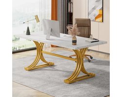 Tribesigns Bureau - Bureau met Namaak Marmeren Tafelblad - Computerbureau - Computer Tafel - Bureautafel - Wit Gouden - 160 x 80 x 75 cm