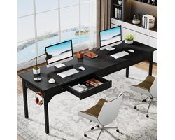 TRIBESIGNS Bureau - Dubbel Lang Bureau - Computerbureau met 2 lades - Computertafel - Bureautafel Zwart - 200 x 60 x 82 cm